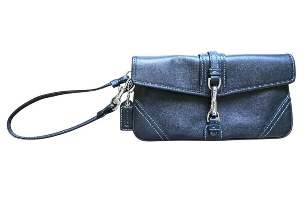 Coach Black Leather Wristlet Clutch Blue Contrast Stitch Horsebit Accent EUC